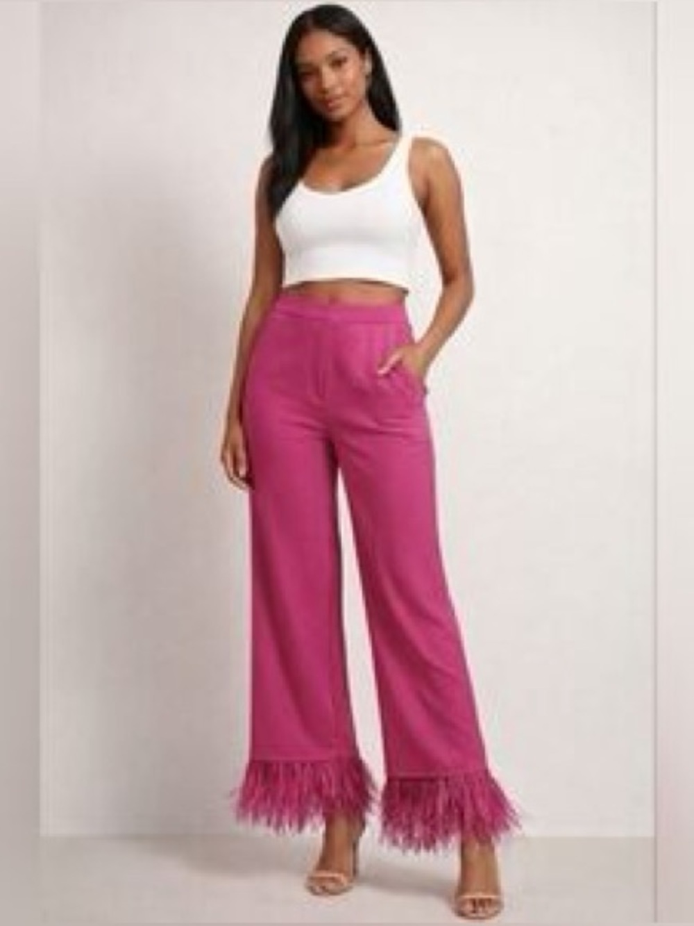 Wayf Magenta Wide-Leg Feather Trim Pants